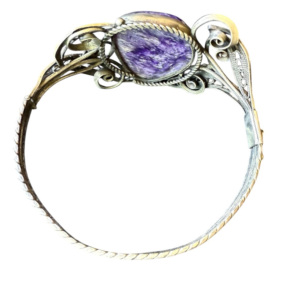 Vintage Filigree & Scrollwork Hinged Bracelet w/ Lg Russian Chariote Cabachon - Picture 4 of 6